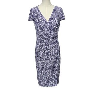 Lauren Ralph Lauren Dress‎ Womens 4 Navy White Floral Surplice Ruched Sheath